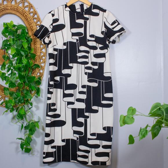 Black White Abstract Mod Midi Dress Graphic 60s Op Art Vtg | True Winter - Picture 13 of 13